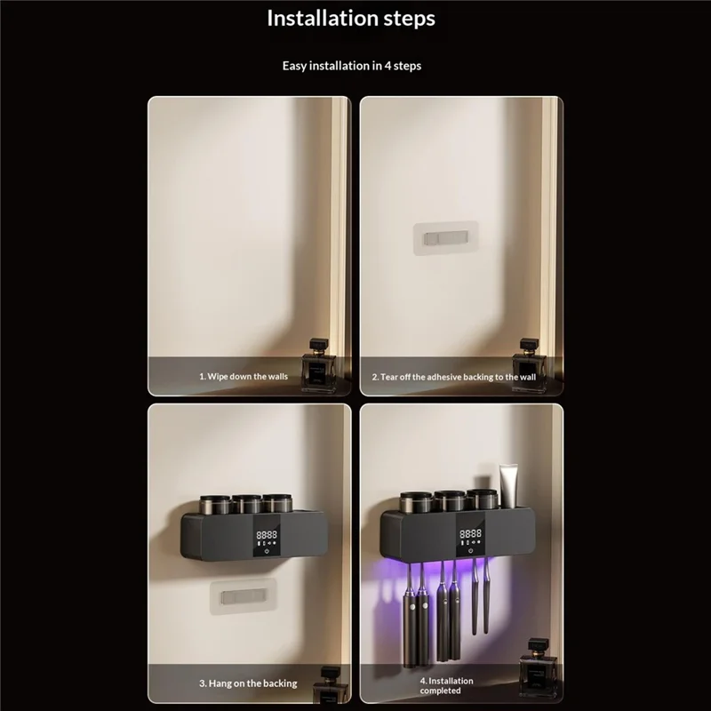 RA-613 Suporte Esterilizador de Escovas de Dentes UV Inteligente com Montagem na Parede, 6 Espaços, Carregamento Solar de 1800 mAh, Ecrã Digital, Suporte de Armazenamento e Esterilização - Cinza Escuro