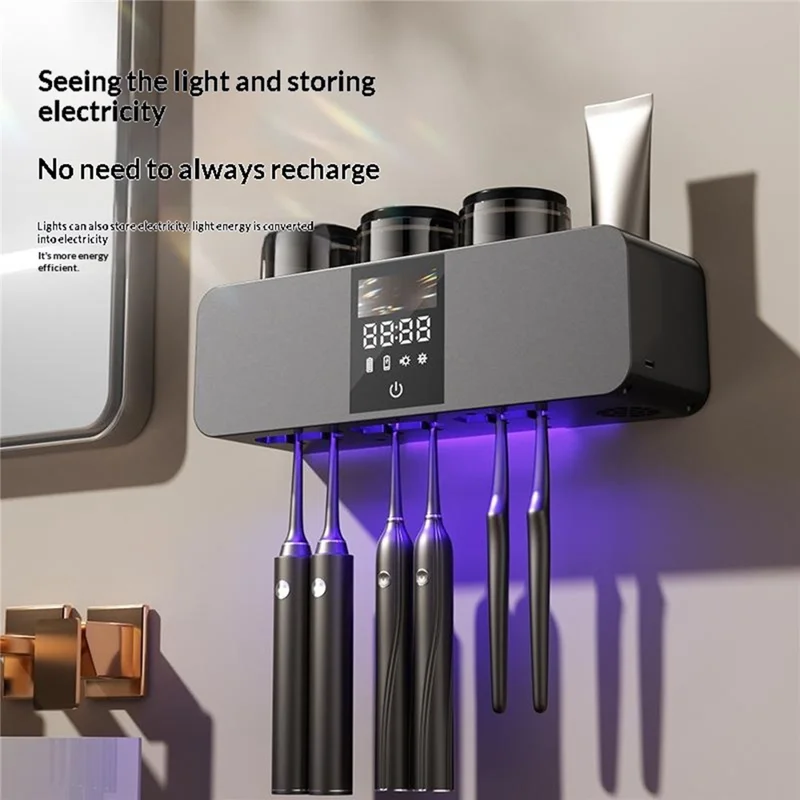 RA-613 Suporte Esterilizador de Escovas de Dentes UV Inteligente com Montagem na Parede, 6 Espaços, Carregamento Solar de 1800 mAh, Ecrã Digital, Suporte de Armazenamento e Esterilização - Cinza Escuro