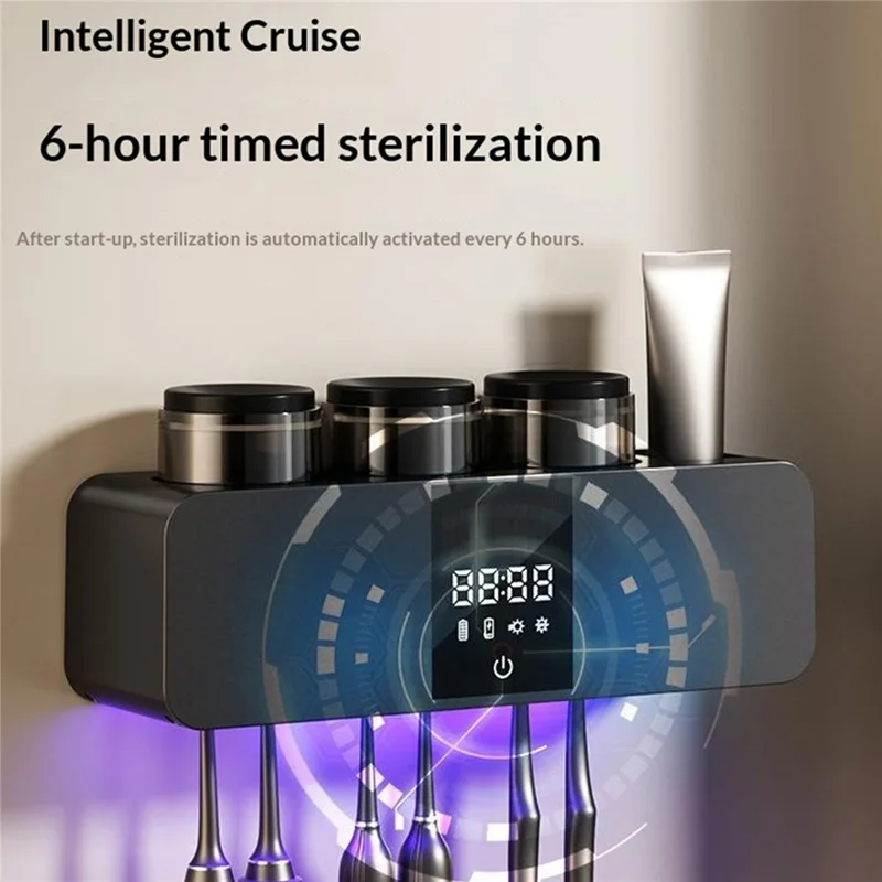 RA-613 Suporte Esterilizador de Escovas de Dentes UV Inteligente com Montagem na Parede, 6 Espaços, Carregamento Solar de 1800 mAh, Ecrã Digital, Suporte de Armazenamento e Esterilização - Cinza Escuro