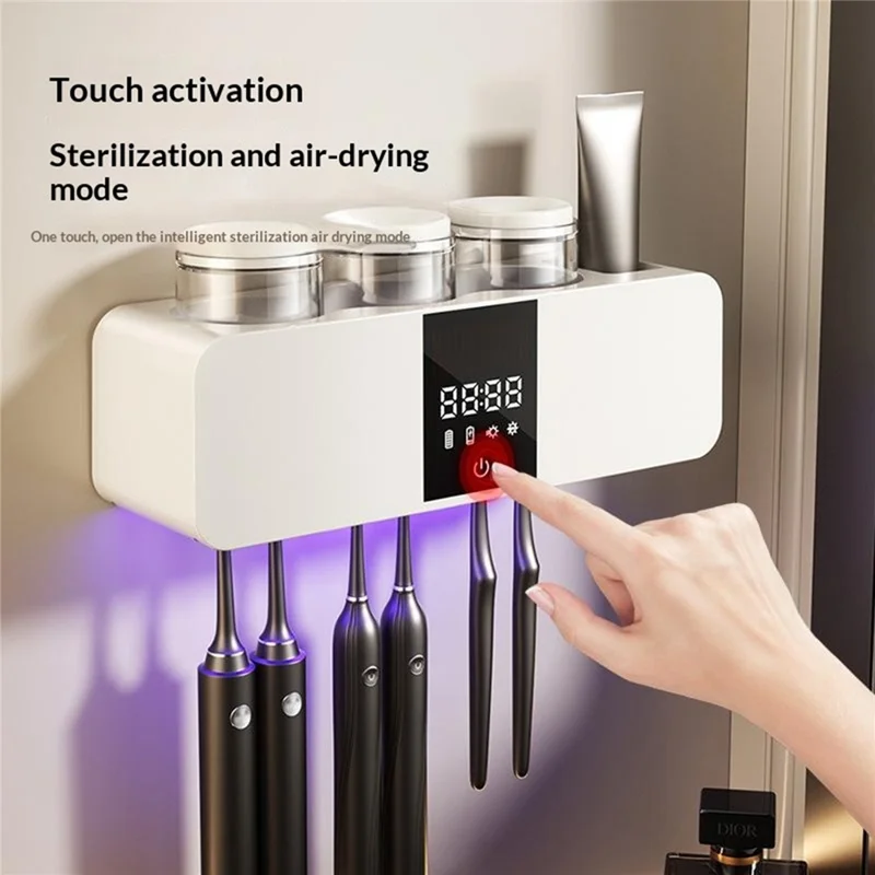 RA-613 Suporte Esterilizador de Escovas de Dentes UV Inteligente com Montagem na Parede, 6 Espaços, Carregamento Solar de 1800 mAh, Ecrã Digital, Suporte de Armazenamento e Esterilização - Cinza Escuro