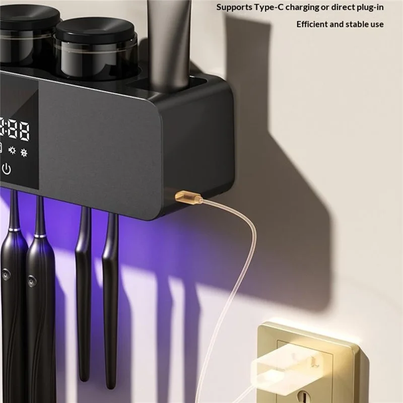 RA-613 Suporte Esterilizador de Escovas de Dentes UV Inteligente com Montagem na Parede, 6 Espaços, Carregamento Solar de 1800 mAh, Ecrã Digital, Suporte de Armazenamento e Esterilização - Cinza Escuro