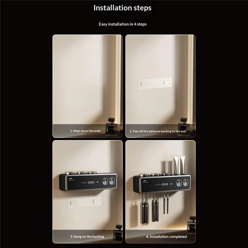RA-971 Suporte Inteligente para Escova de Dentes com Dupla Esterilização UV UVC+UVA 99,99% de Esterilização 1200mAh Tipo-C Prateleira Organizadora Montada na Parede - Preto