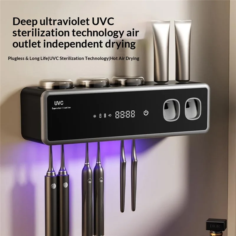RA-971 Suporte Inteligente para Escova de Dentes com Dupla Esterilização UV UVC+UVA 99,99% de Esterilização 1200mAh Tipo-C Prateleira Organizadora Montada na Parede - Preto