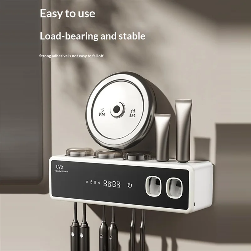 RA-971 Suporte Inteligente para Escova de Dentes com Dupla Esterilização UV UVC+UVA 99,99% de Esterilização 1200mAh Tipo-C Prateleira Organizadora Montada na Parede - Preto