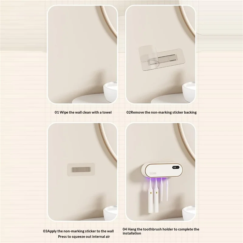 RA-611 Suporte Esterilizador Inteligente de Escovas de Dentes com UV Duplo 99,9% de Esterilização 1800mAh Secagem com Ar Quente Suporte Organizador com Montagem em Parede - Bege