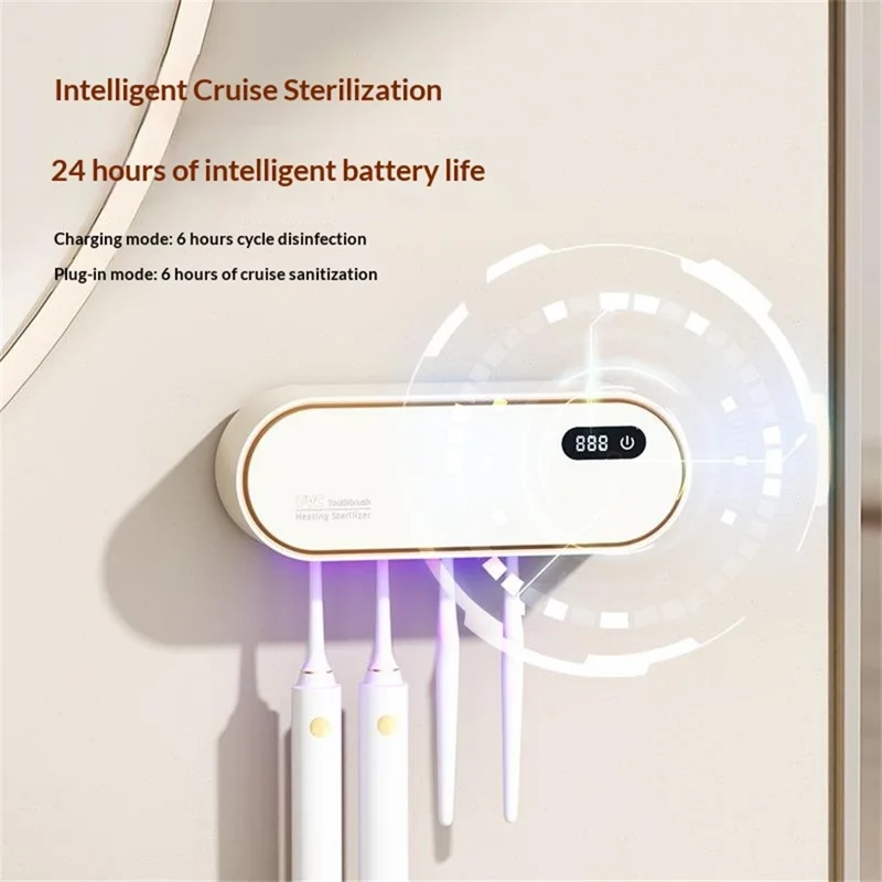 RA-611 Suporte Esterilizador Inteligente de Escovas de Dentes com UV Duplo 99,9% de Esterilização 1800mAh Secagem com Ar Quente Suporte Organizador com Montagem em Parede - Bege