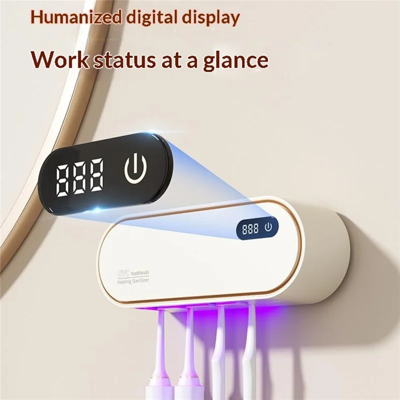 RA-611 Suporte Esterilizador Inteligente de Escovas de Dentes com UV Duplo 99,9% de Esterilização 1800mAh Secagem com Ar Quente Suporte Organizador com Montagem em Parede - Bege
