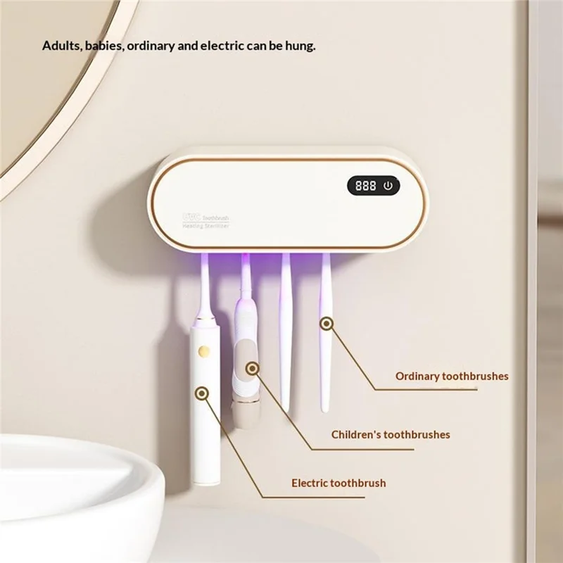 RA-611 Suporte Esterilizador Inteligente de Escovas de Dentes com UV Duplo 99,9% de Esterilização 1800mAh Secagem com Ar Quente Suporte Organizador com Montagem em Parede - Bege