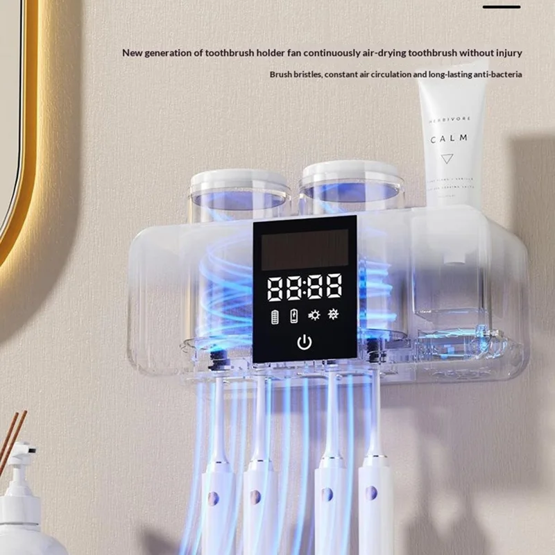 RA-612 Smart UV-Sterilisator Zahnbürstenhalter Wandmontage 4 Fächer Dual UVC+UVA Lufttrocknung 1800mAh Aufbewahrungsstation - Weiß