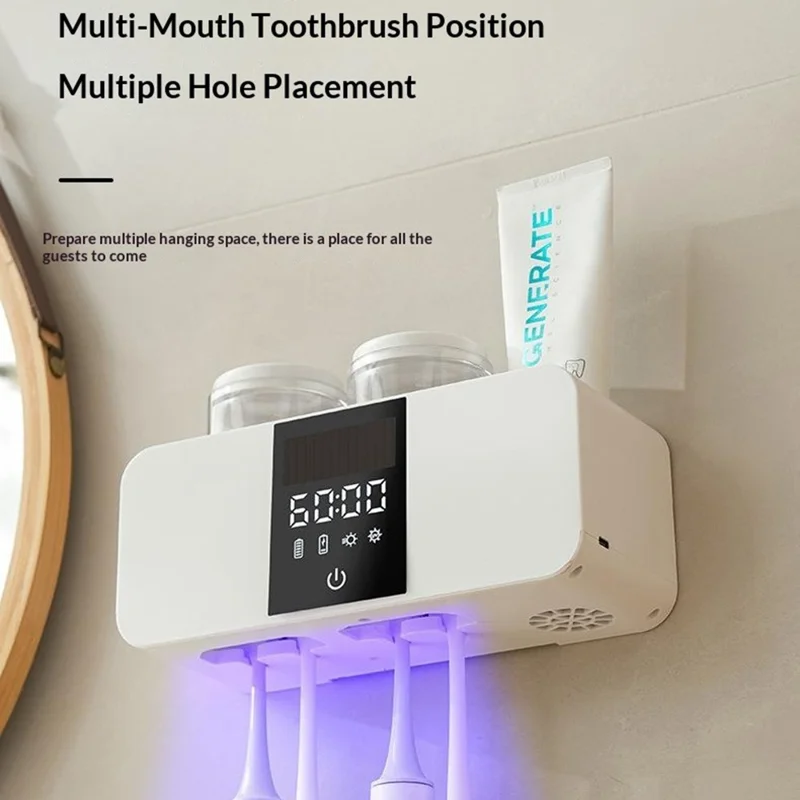 RA-612 Smart UV-Sterilisator Zahnbürstenhalter Wandmontage 4 Fächer Dual UVC+UVA Lufttrocknung 1800mAh Aufbewahrungsstation - Weiß
