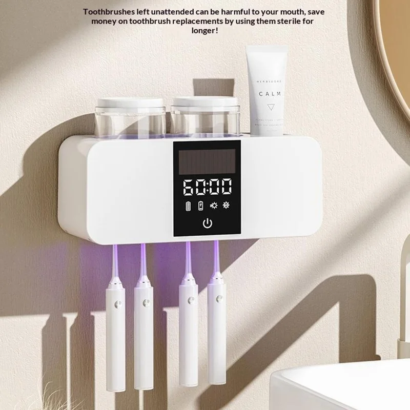 RA-612 Smart UV-Sterilisator Zahnbürstenhalter Wandmontage 4 Fächer Dual UVC+UVA Lufttrocknung 1800mAh Aufbewahrungsstation - Weiß
