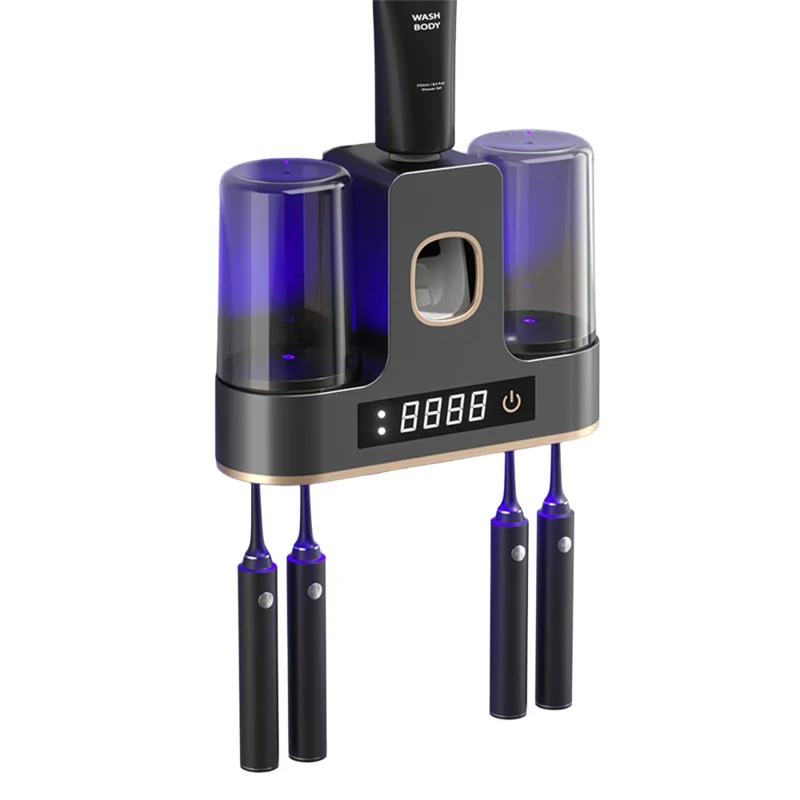 RA-955 Smart UV-Zahnbürsten-Sterilisator Halter Wandmontage 4 Fächer Automatische Heißluft-Trocknung Zahnpasta-Spender Organizer mit 2 Bechern - Gunmetal