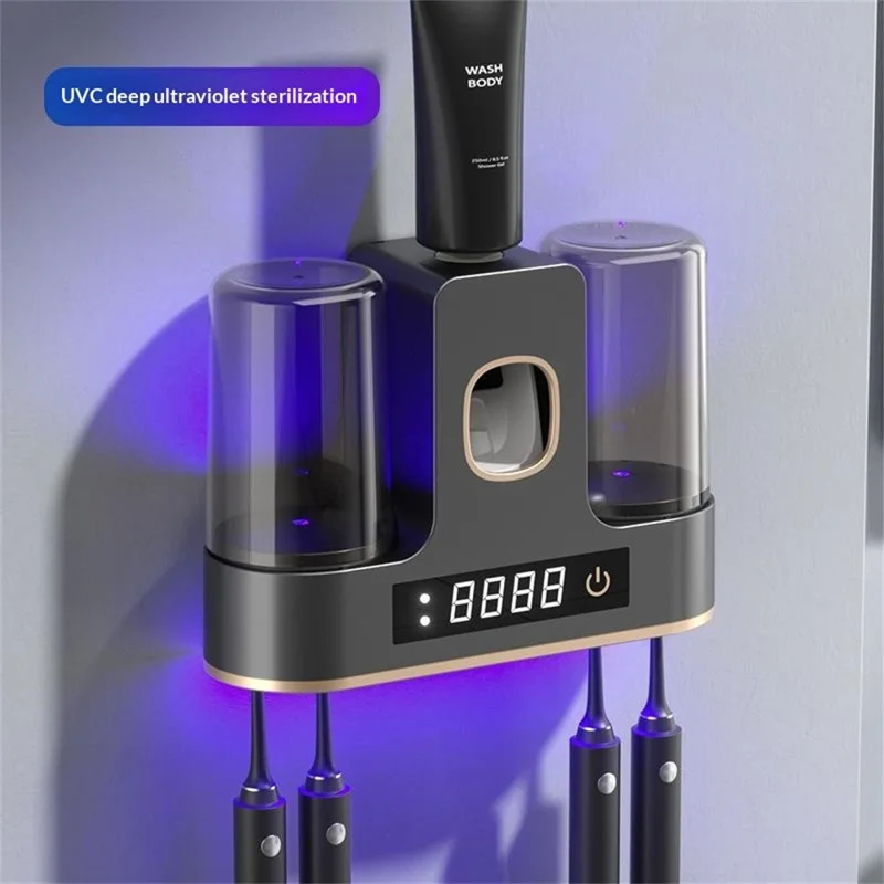 RA-955 Smart UV-Zahnbürsten-Sterilisator Halter Wandmontage 4 Fächer Automatische Heißluft-Trocknung Zahnpasta-Spender Organizer mit 2 Bechern - Gunmetal