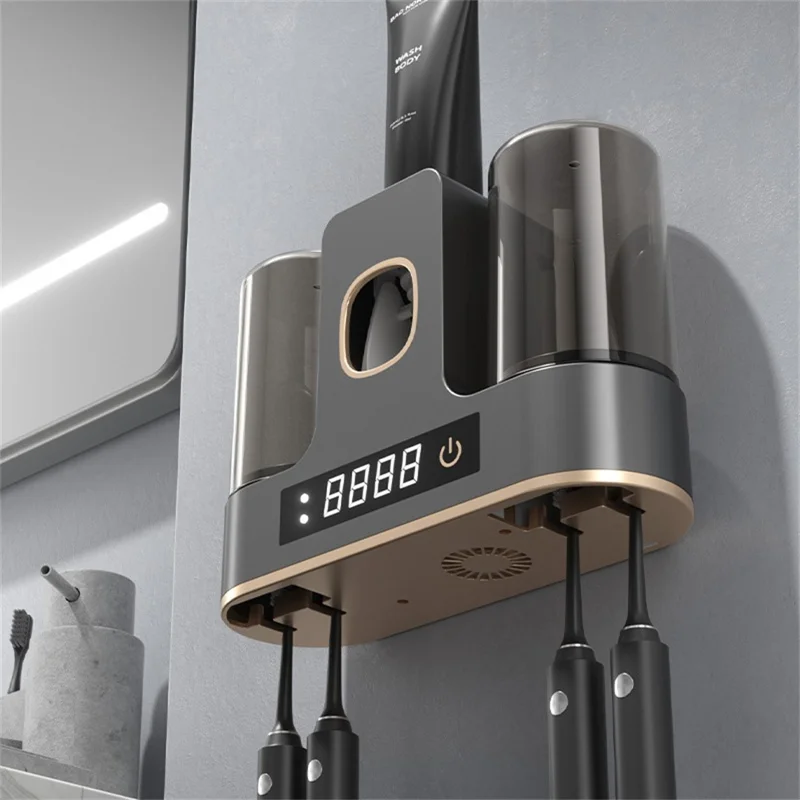 RA-955 Smart UV-Zahnbürsten-Sterilisator Halter Wandmontage 4 Fächer Automatische Heißluft-Trocknung Zahnpasta-Spender Organizer mit 2 Bechern - Gunmetal