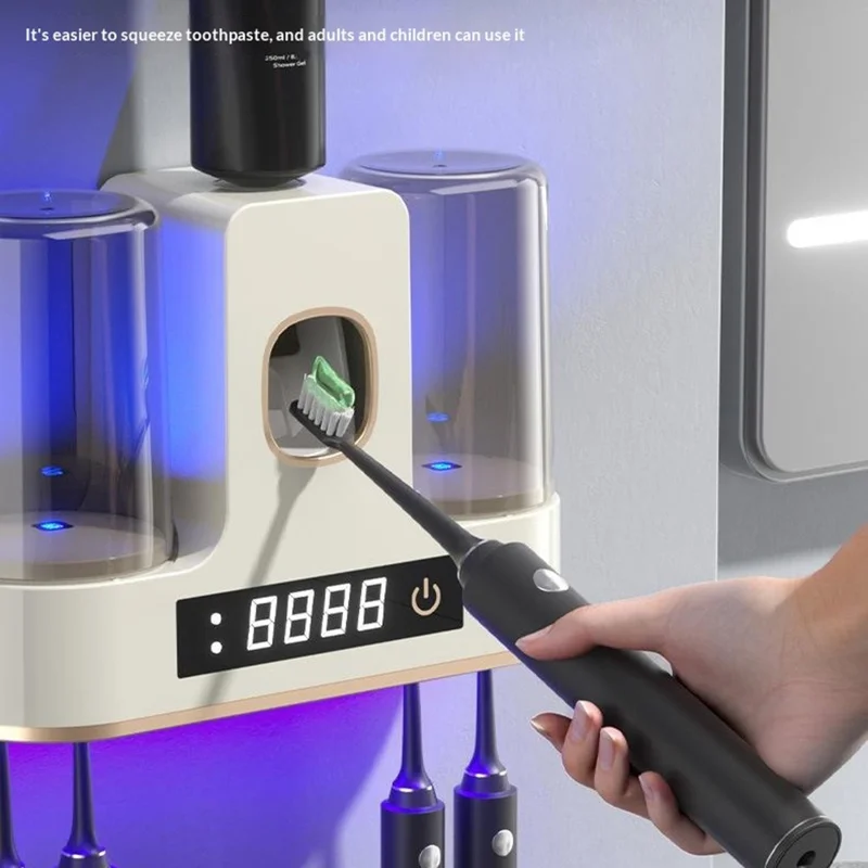 RA-955 Smart UV-Zahnbürsten-Sterilisator Halter Wandmontage 4 Fächer Automatische Heißluft-Trocknung Zahnpasta-Spender Organizer mit 2 Bechern - Gunmetal