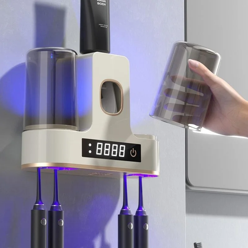RA-955 Smart UV-Zahnbürsten-Sterilisator Halter Wandmontage 4 Fächer Automatische Heißluft-Trocknung Zahnpasta-Spender Organizer mit 2 Bechern - Gunmetal