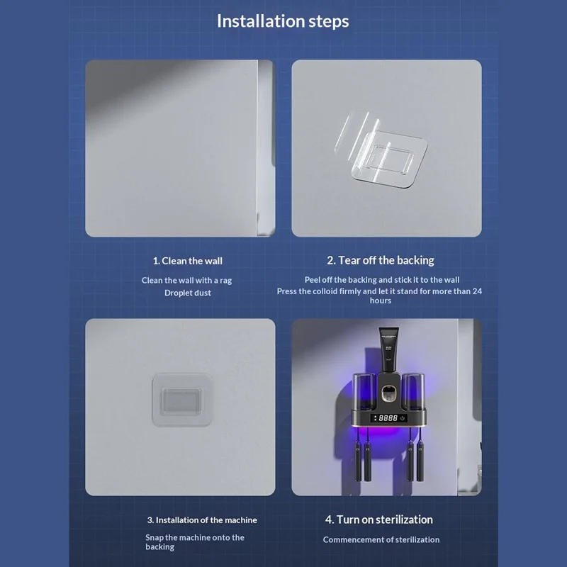 RA-955 Smart UV-Zahnbürsten-Sterilisator Halter Wandmontage 4 Fächer Automatische Heißluft-Trocknung Zahnpasta-Spender Organizer mit 2 Bechern - Gunmetal