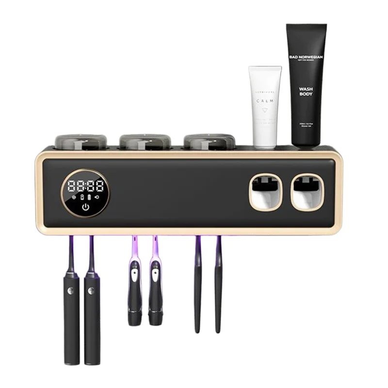 RA-933 Portascovolini da Dentifricio Intelligente con Sterilizzazione UV 99,9% Antibatterico, Asciugatura a 43°C, Batteria 1200mAh, Scaffale Organizzatore da Parete - Nero