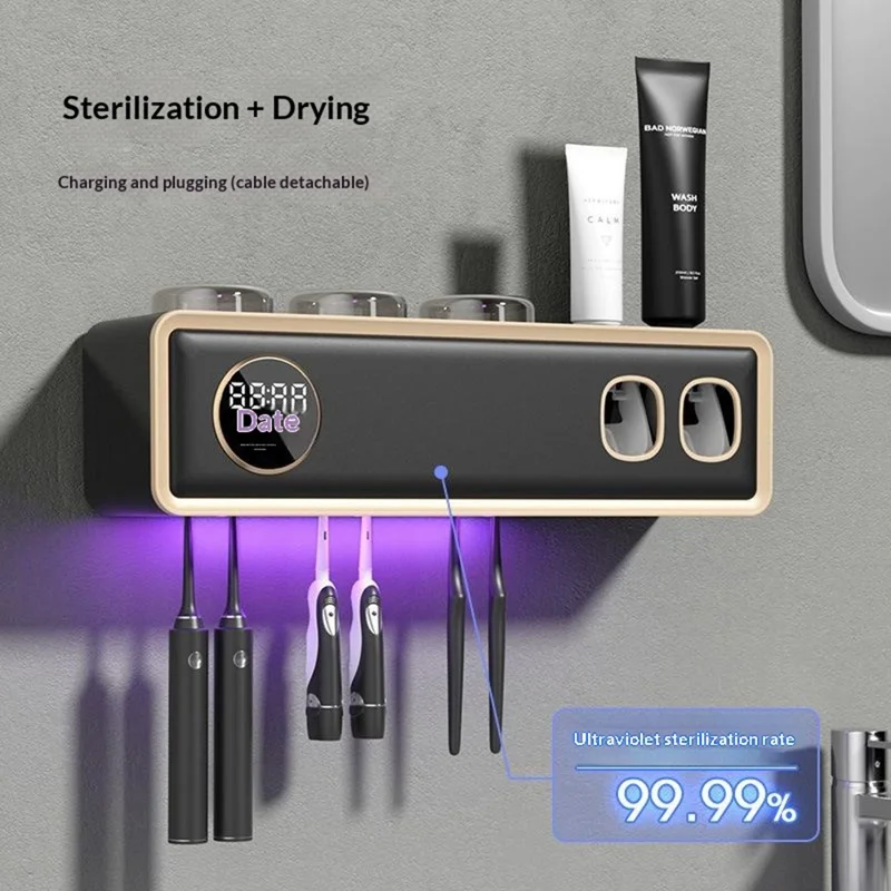 RA-933 Portascovolini da Dentifricio Intelligente con Sterilizzazione UV 99,9% Antibatterico, Asciugatura a 43°C, Batteria 1200mAh, Scaffale Organizzatore da Parete - Nero