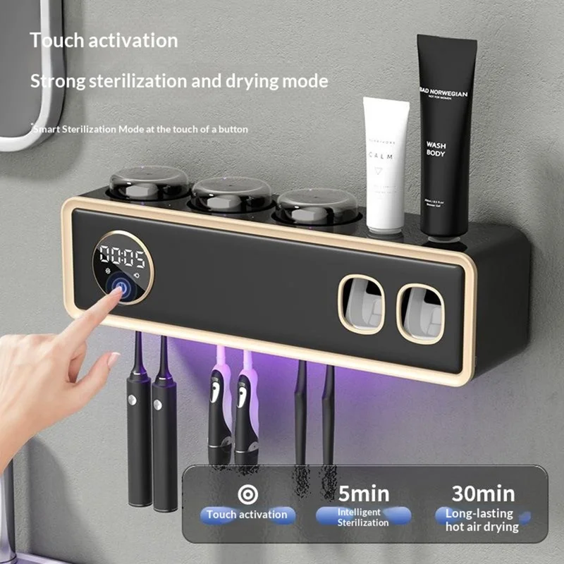 RA-933 Portascovolini da Dentifricio Intelligente con Sterilizzazione UV 99,9% Antibatterico, Asciugatura a 43°C, Batteria 1200mAh, Scaffale Organizzatore da Parete - Nero