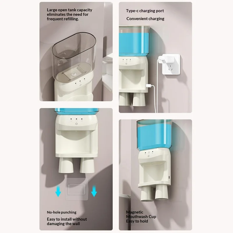 RA-980 Distributore Automatico da Parete per Collutorio 600ml ad Alta Capacità con Sensore Intelligente e Ricarica Type-C, Dispositivo per Cura Orale con 3 Velocità - Bianco
