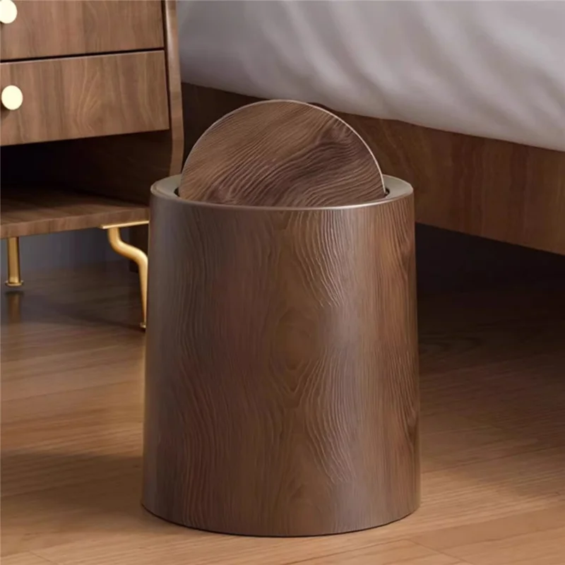 233x233x270mm Medium Size Vintage Wood Grain Waste Bin Large Capacity Trash Can with Lid for Bedroom Kitchen Bathroom Desktop