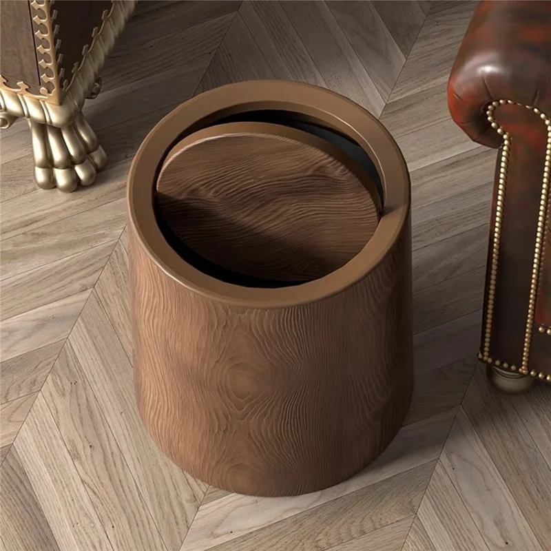 233x233x270mm Medium Size Vintage Wood Grain Waste Bin Large Capacity Trash Can with Lid for Bedroom Kitchen Bathroom Desktop