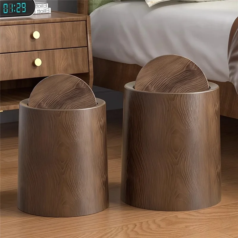233x233x270mm Medium Size Vintage Wood Grain Waste Bin Large Capacity Trash Can with Lid for Bedroom Kitchen Bathroom Desktop