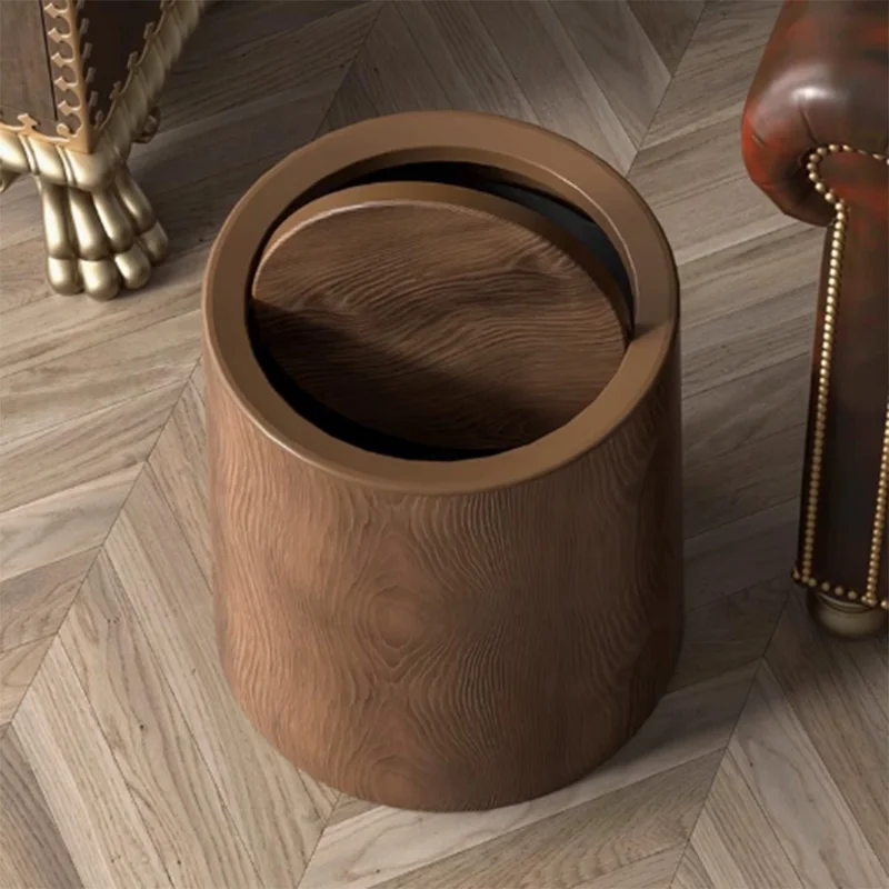260x260x305mm Large Size Vintage Wood Grain Waste Bin Large Capacity Trash Can with Lid for Bedroom Kitchen Bathroom Desktop
