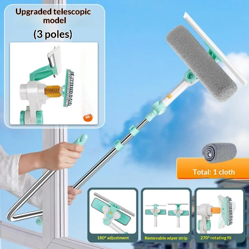 Squeegee High-Rise Window Cleaning Tool with 3Pcs Replacement Cloths 3-Section Telescopic Pole 270 Degree Rotating Head U-Shape Glass Cleaner