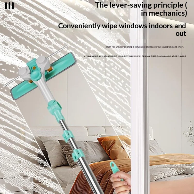 Squeegee High-Rise Window Cleaning Tool with 3Pcs Replacement Cloths 3-Section Telescopic Pole 270 Degree Rotating Head U-Shape Glass Cleaner
