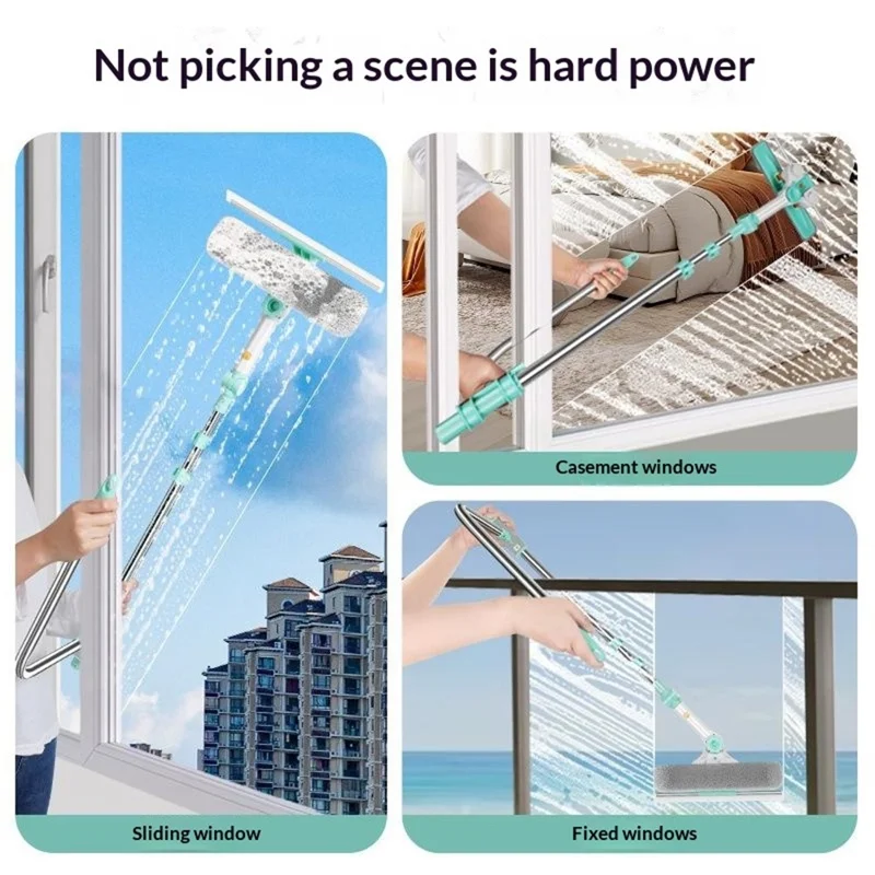 Squeegee High-Rise Window Cleaning Tool with 3Pcs Replacement Cloths 3-Section Telescopic Pole 270 Degree Rotating Head U-Shape Glass Cleaner
