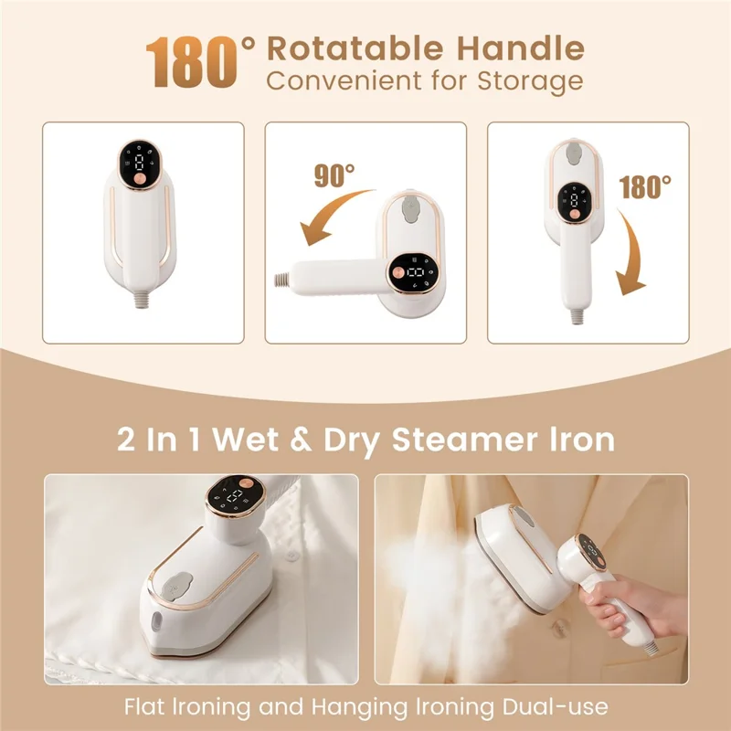 Mini Garment Steamer 2-in-1 Portable Handheld 1200W 180 Degree Rotating Handle Flat Hanging Ironing Machine Steam Iron - White