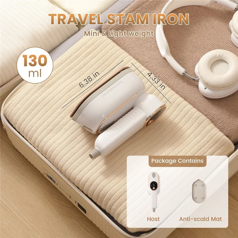 Mini Garment Steamer 2-in-1 Portable Handheld 1200W 180 Degree Rotating Handle Flat Hanging Ironing Machine Steam Iron - White