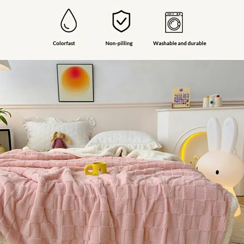 Kocik 180x200 cm w szachownicę z wełny owczej, pluszowy koc z wełny sherpa, przeciwstatyczny, dla kanapy, łóżka, biura – jasnoróżowy