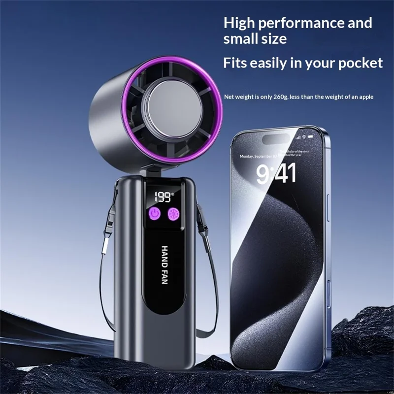 Ventaglio Portatile 199 Velocità 3000mAh con Raffreddamento a Semiconduttore Pieghevole con Display LED - Grigio Scuro