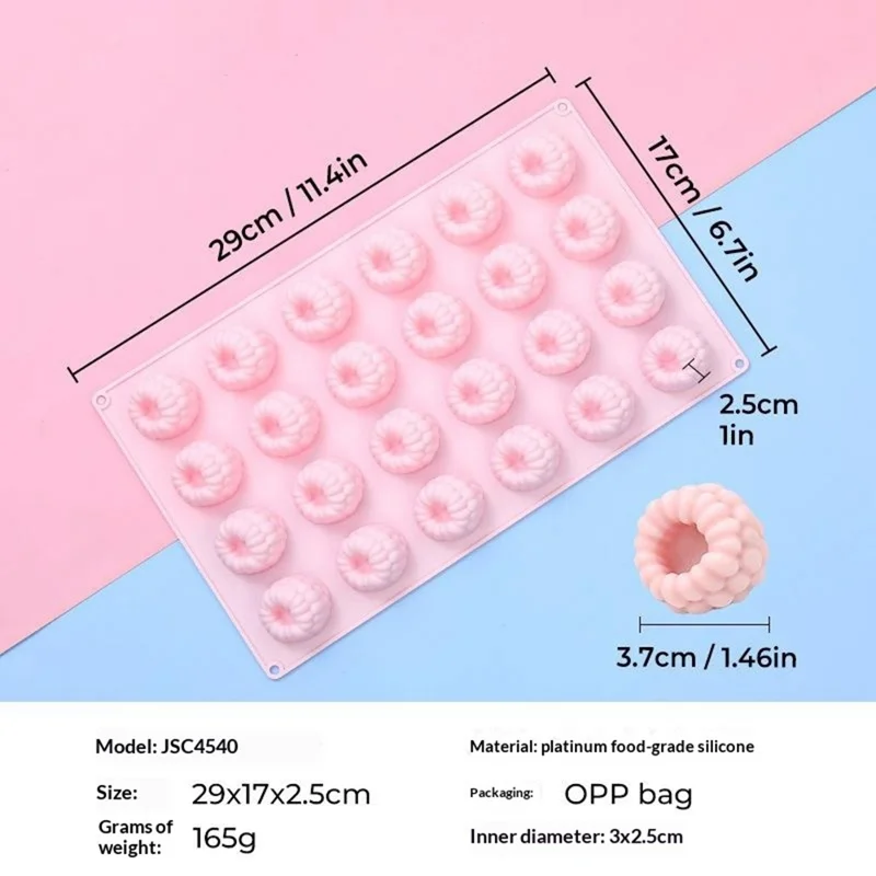 JSC4540 24-Grid Raspberry Food Grade Silicone Mold Non-Stick Easy Release Making Mold for Mousse Cake Chocolate (BPA-Free, No FDA Certified) - Pink