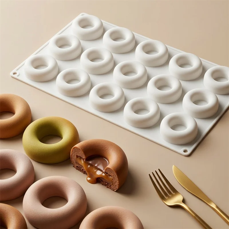 15-Grid Food Grade Silicone Donut Mold Heat Resistant Easy Release Cake Mold Baking Tool (BPA-Free, No FDA Certified) - White