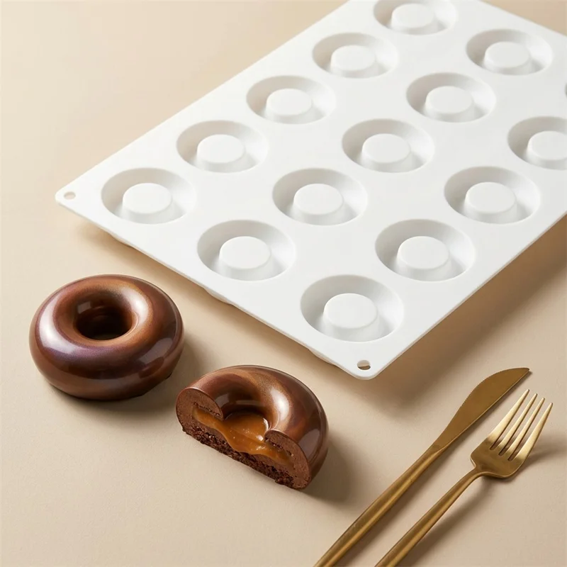 15-Grid Food Grade Silicone Donut Mold Heat Resistant Easy Release Cake Mold Baking Tool (BPA-Free, No FDA Certified) - White