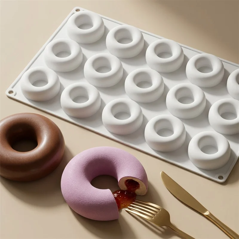15-Grid Food Grade Silicone Donut Mold Heat Resistant Easy Release Cake Mold Baking Tool (BPA-Free, No FDA Certified) - White