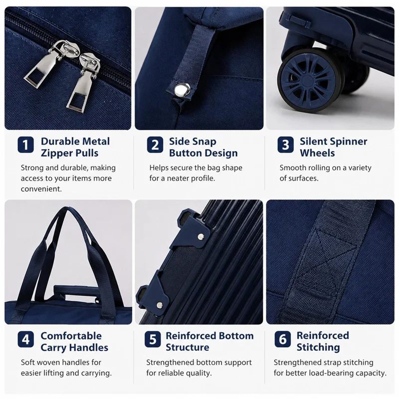 Borsa da viaggio espandibile a più strati con 4 ruote staccabili, pieghevole e impermeabile, ideale per brevi viaggi - Blu scuro