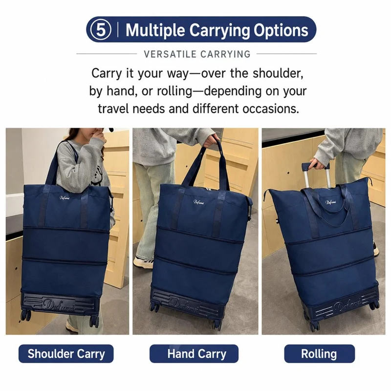 Borsa da viaggio espandibile a più strati con 4 ruote staccabili, pieghevole e impermeabile, ideale per brevi viaggi - Blu scuro