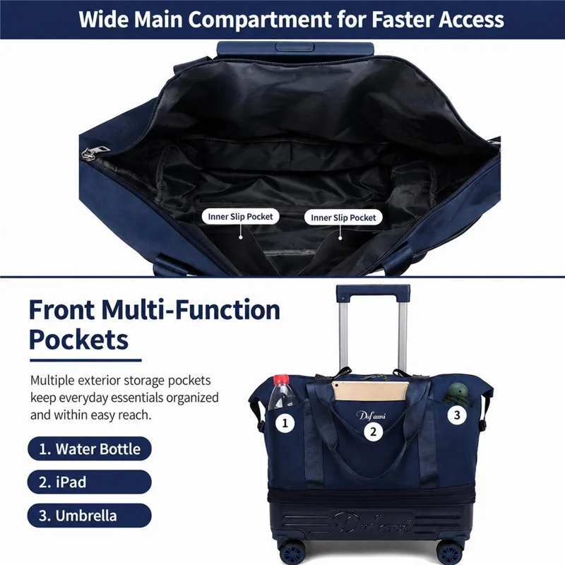 Borsa da viaggio espandibile a più strati con 4 ruote staccabili, pieghevole e impermeabile, ideale per brevi viaggi - Blu scuro