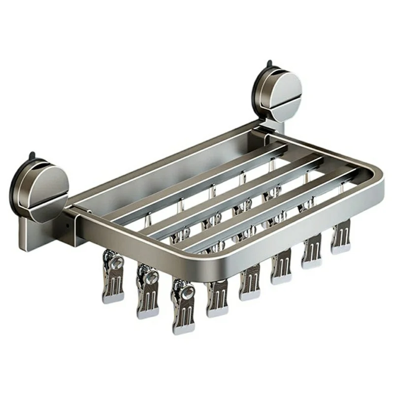Foldable Suction Cup Sock Drying Rack with 18Pcs Clips Aerospace Aluminum Collapsible Wall Mount Clothes Hanger - Gunmetal Grey