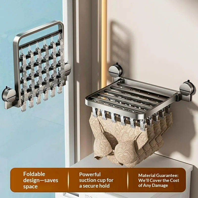 Foldable Suction Cup Sock Drying Rack with 18Pcs Clips Aerospace Aluminum Collapsible Wall Mount Clothes Hanger - Gunmetal Grey