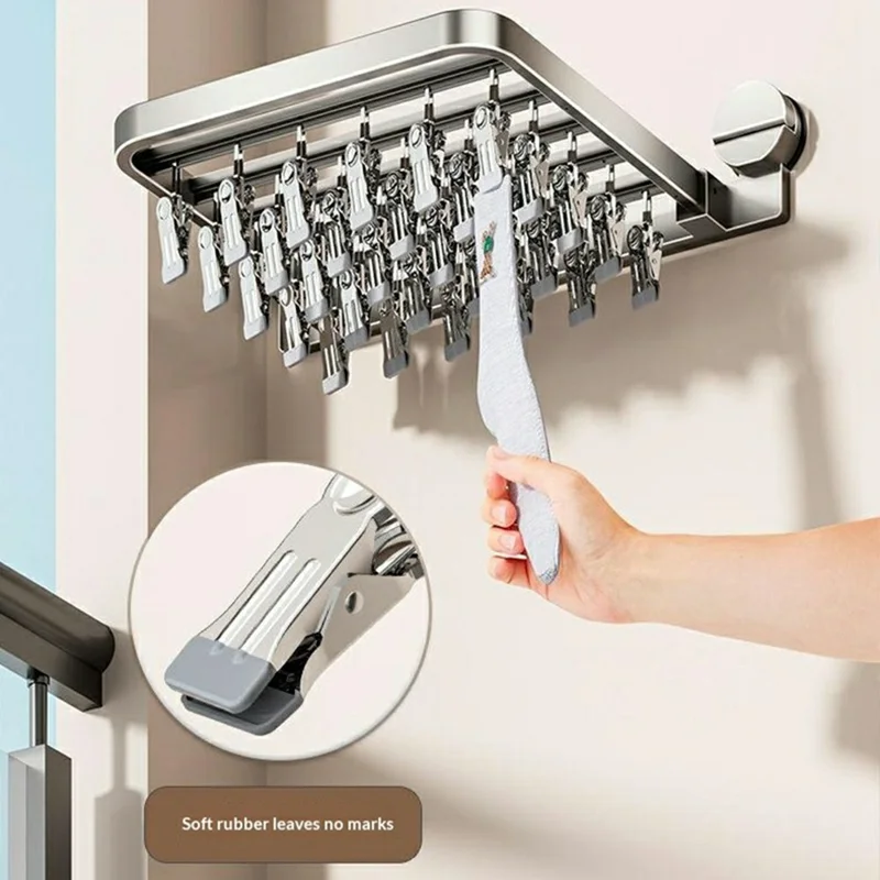 Foldable Suction Cup Sock Drying Rack with 18Pcs Clips Aerospace Aluminum Collapsible Wall Mount Clothes Hanger - Gunmetal Grey
