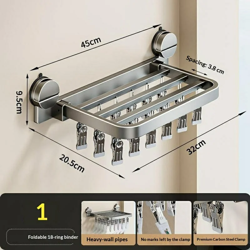 Foldable Suction Cup Sock Drying Rack with 18Pcs Clips Aerospace Aluminum Collapsible Wall Mount Clothes Hanger - Gunmetal Grey