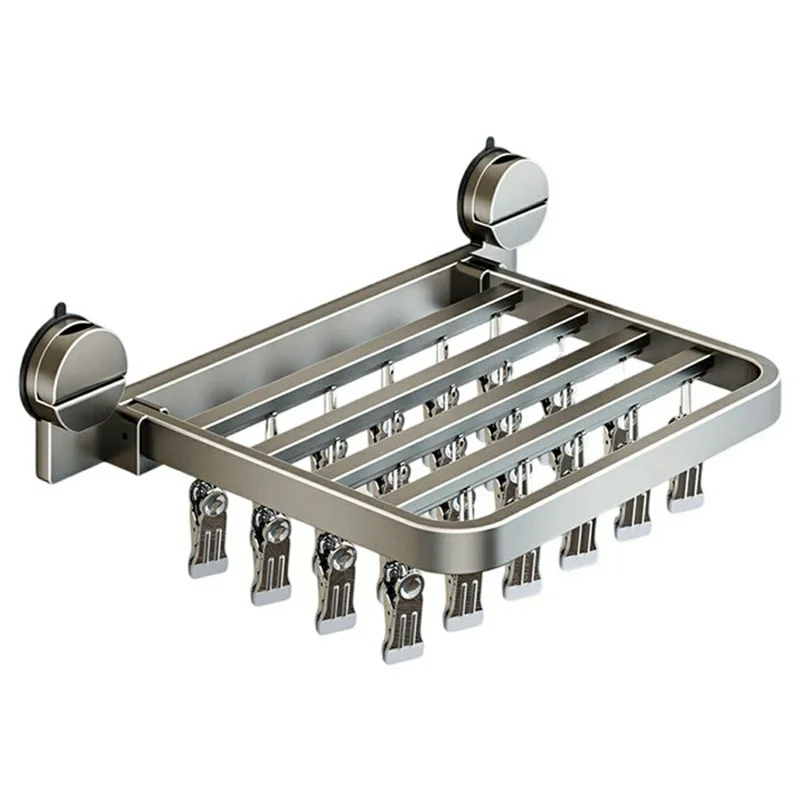 Foldable Suction Cup Sock Drying Rack with 24Pcs Clips Aerospace Aluminum Collapsible Wall Mount Clothes Hanger - Gunmetal Grey