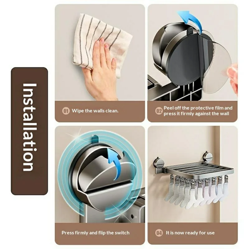 Foldable Suction Cup Sock Drying Rack with 24Pcs Clips Aerospace Aluminum Collapsible Wall Mount Clothes Hanger - Gunmetal Grey