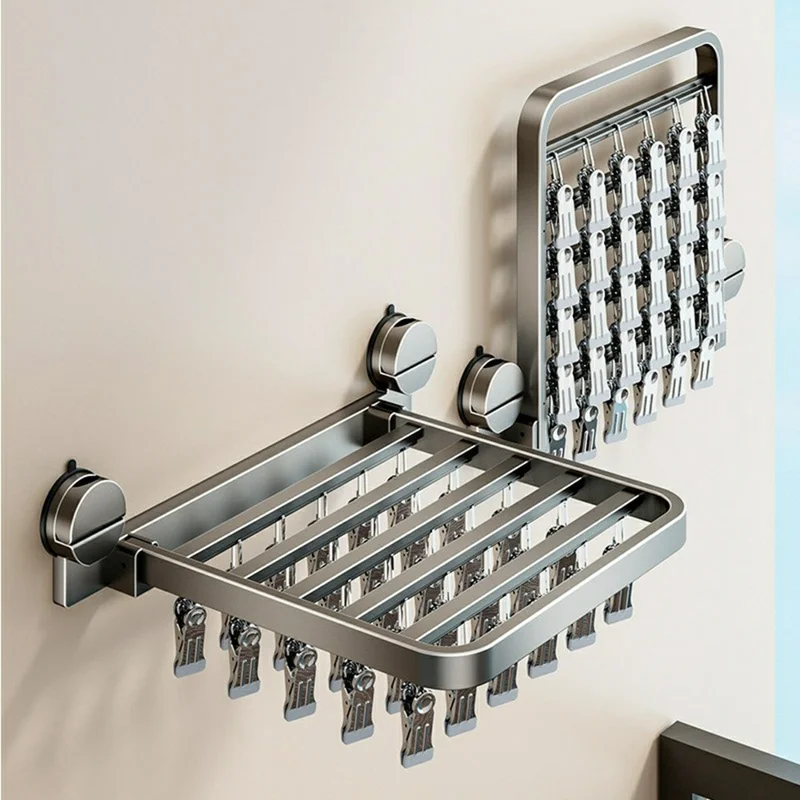 Foldable Suction Cup Sock Drying Rack with 24Pcs Clips Aerospace Aluminum Collapsible Wall Mount Clothes Hanger - Gunmetal Grey